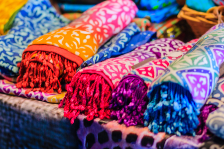 Beautiful Tie dye shirts and fabric for sale in night market at Bangkok, Thailandの写真素材