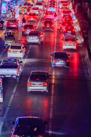 Bangkok, Thailand - January 30, 2017: View of Traffic jam at night in Sathorn Road, Sathorn district, Bangkok, Thailand.のeditorial素材