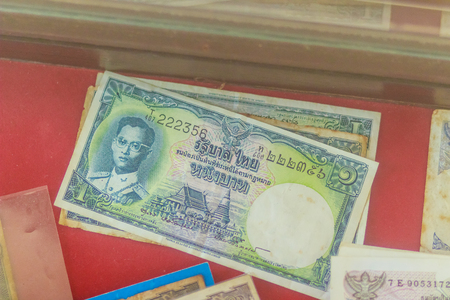 Vintage Thai King Bhumibol Adulyadej on banknotes. Old Thai baht currencies banknotes for collector.の写真素材