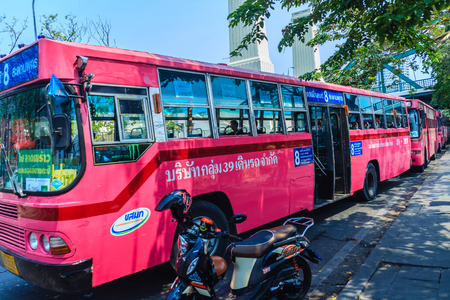 Bangkok, Thailand - March 2, 2017: Pink bus line number 8, starting point from the memorial bridge (Saphan Phut) to Happy Land, Minburi. Bus nummber 8 line is famous of fast and swiftly in Bangkok.のeditorial素材