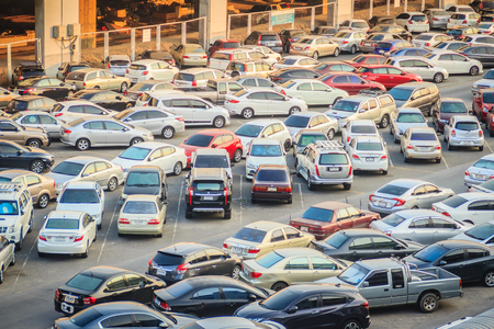 Bangkok, Thailand - March 8, 2017:  Outdoor car park area nearby the BTS Sky Train Mo Chit Station and MRT Subway transit Jatuchak Station for passenger to avoid heavy traffic jam in Bangkok city.のeditorial素材