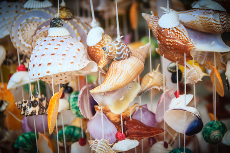 Beautiful seashell mobile hanging in the shop for sale. Handicrafts produced by the shell wall, souvenirs from the seaside.の写真素材