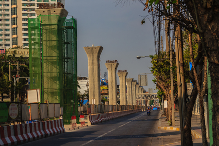 Bangkok, Thailand - March 8, 2017: New green lines of Bangkok BTS sky train during construction at Phahol Yothin Road, Bangkok, Thailand.のeditorial素材