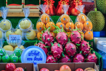 Bangkok, Thailand - April 23, 2017: Organic fruits such as mangosteen, apple, durian and dragon fruit on sale at Or Tor Kor Market, one of the worlds fresh market in Bangkok, Thailand.のeditorial素材