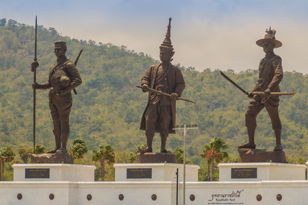 Prachuap Khiri Khan, Thailand - March 16, 2017: The bronze statues three of seven Thai kings in the mountain and blue sky background at Rajabhakti Park nearby Khao Takiab hills and Hua Hin beach.のeditorial素材