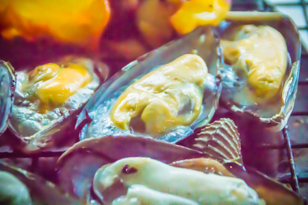 Grilled squids, mussels and clams on charcoal stove at night party. Seafood barbecue party with squid calamaris, mussels and clams are grilling on fire. BBQ concept, selective focus.の写真素材