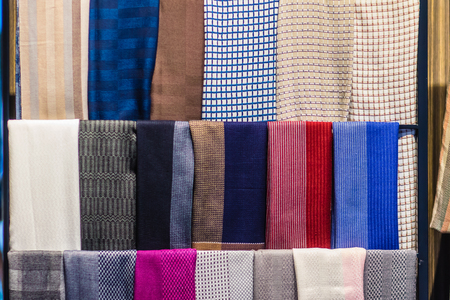 Beautiful pattern on Northern Thai silk fabric textile in the public night market. Thai silk fabric textured background.の写真素材