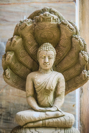 Beautiful Buddha statue made of sand stone and cover with Naga heads. Stone Buddha statue with seven Phaya Naga heads. Outdoor stone seated Buddha image protected by 7 heads Naga spreads cover on top.の写真素材