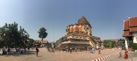 Old massive ruins pagoda of Wat Chedi Luang (temple of the big royal stupa), located in Chiang Mai, Thailand. Wat Chedi Luang was built in 1383 and the structure collapsed after an earthquake in 1545.のeditorial素材