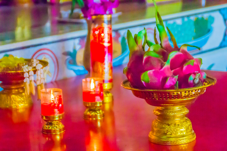 Dragon fruits for sacrificial offering to the Chinese gods i the Chinese temple. People often use dragon fruit to make offerings or sacrifice to the ancestor spirits.の写真素材