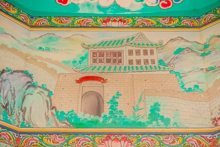 Great wall of China painting on the wall in the public Chinese temple.のeditorial素材