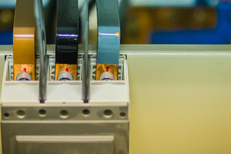 Connectors in the electrical main distribution board unit ,circuit of control panel with selector switch ,automatic switch and circuit breaker. Electrical wiring in the MDB and control panel concept.の写真素材