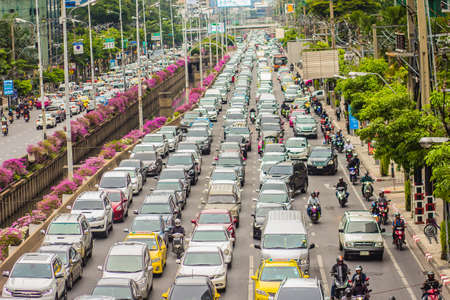 Bangkok, Thailand - September 14, 2017: View of Traffic jam on rush hours in Sathorn Road, Sathorn district, Bangkok, Thailand. Bangkok is second most congested city in the world.のeditorial素材