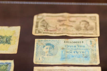 Rare old Thai paper money banknote vintage collection. Old Thailand Baht banknotes in the vintage...
