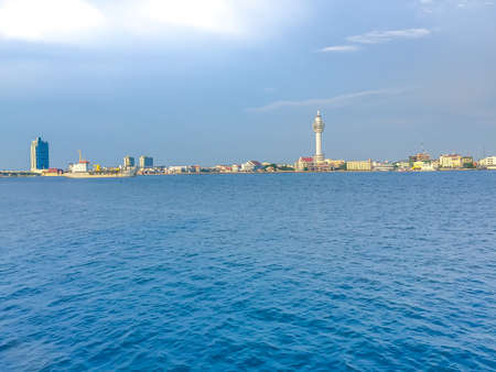 Riverfront view of Samut Prakan city hall with new observation tower and boat pier. Samut Prakan is at the mouth of the Chao Phraya River on Gulf of Thailand.の写真素材