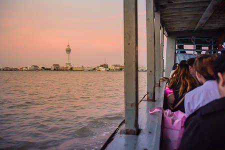 Riverfront view of Samut Prakan city hall with new observation tower and boat pier. Samut Prakan is at the mouth of the Chao Phraya River on Gulf of Thailand.のeditorial素材