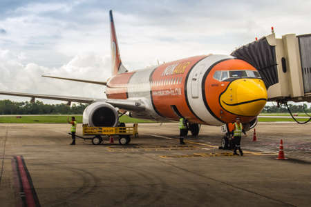 Bangkok, Thailand - June 13, 2017: NokAir airplane is parking at the gate wait for the boarding passenger at Suvarnabhumi International Airport, Thailand. Nok Air is a low-cost airline in Thailand.のeditorial素材