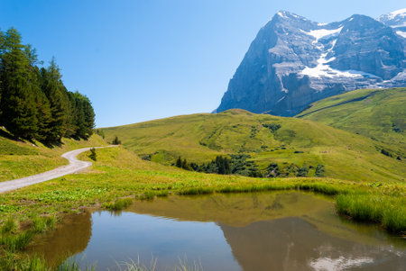 beautiful summer mountain landscape with views of Eiger peak. Bernese Oberland, Switzerland.の写真素材