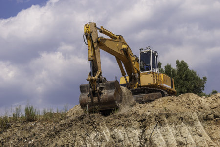 A yellow excavator on uneven terrain, surrounded by small plants and greenery, under a cloudy skyの写真素材