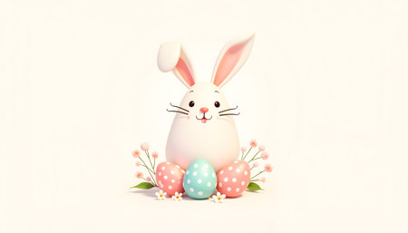A cartoon bunny with floppy ears and a joyful expression is surrounded by pink and blue polka-dot...