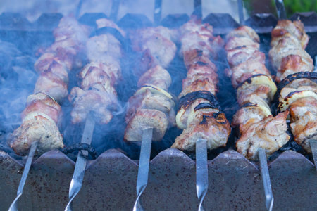 healthy barbecue barbecue Turkish meat on skewers over charcoal brazier outdoorsの写真素材