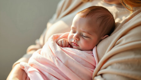 Sleeping baby wrapped in a soft pink blanket in the arms of a caring parent for love and comfort.の写真素材