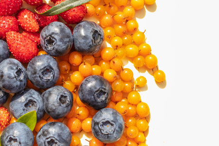 ripe blueberries and sea buckthorn berries collected on the plot. Colorful and healthy concept,...