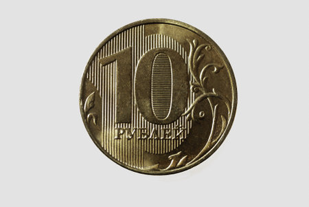 Russian national coin worth ten rubles close-up isolated.の写真素材
