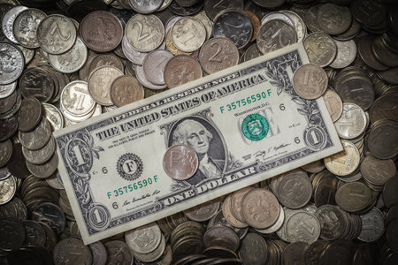 One dollar bill is on a large number of Russian coins of different denominations.