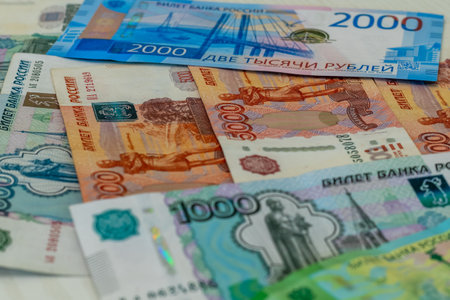 various old and new Russian banknotes close up as background.の写真素材