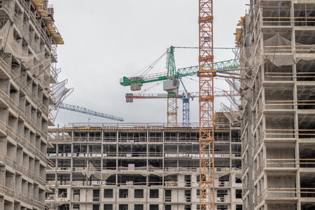 Construction of the third stage of a new residential complex 'in the forest'. Work construction...