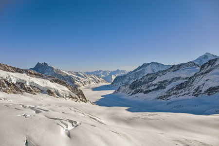 Aletsch glacier view from the Jungfraubahnen Top of Europe in Grindelwald Switzerland, Winter landscapeの写真素材
