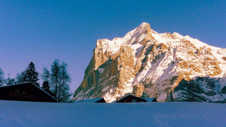 Mountain landscape with view of the peaks of the Wetterhorn. Grindelwald Switzerlandの写真素材