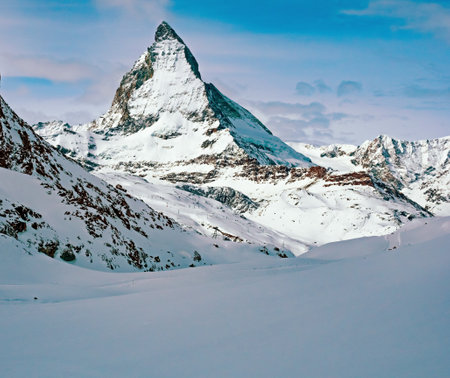 The famous beautiful Matterhorn mountain 4478 m. View from the Gornergrat mountain Zermatt, Switzerland. great design for any purpose. Snowy winter beautiful landscape, Light background.の写真素材
