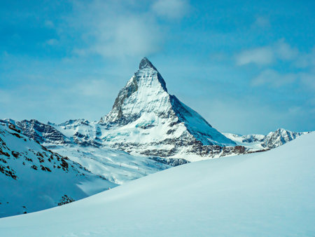 The famous beautiful Matterhorn mountain 4478 m. View from the Gornergrat mountain Zermatt, Switzerland. great design for any purpose. Snowy winter beautiful landscape, Light background.の写真素材