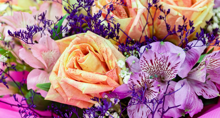bouquet of garden roses and irises, as a background for the designの写真素材