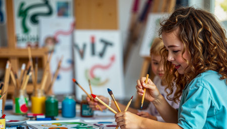 Children enjoying art with paintbrushes