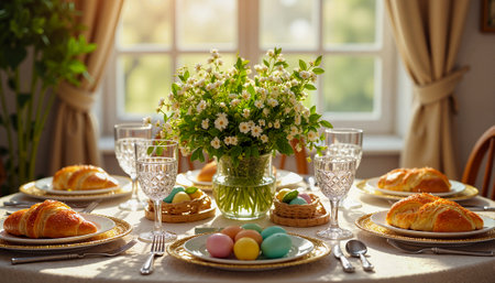 Easter brunch table setting with flowersの写真素材