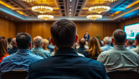 Audience listening to speaker in roomの写真素材