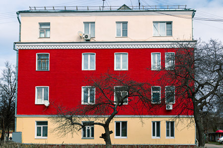 colorful facade of a residential brick building. April 2020.の写真素材