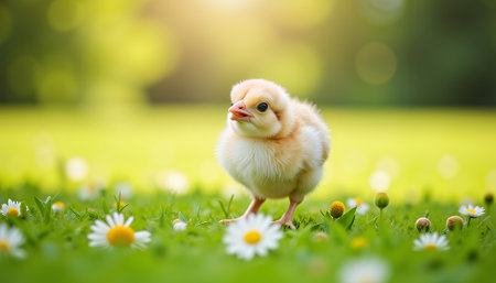 Chick exploring wildflowers in meadow, nature's innocence. generated by aiの素材