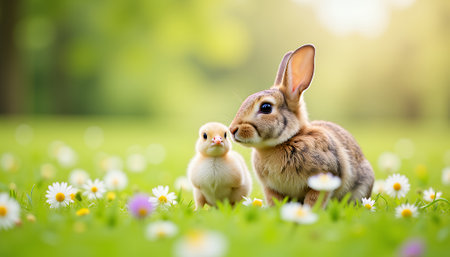 Bunny and chick enjoying springtime in wildflowers, friendship concept. generated by aiの素材