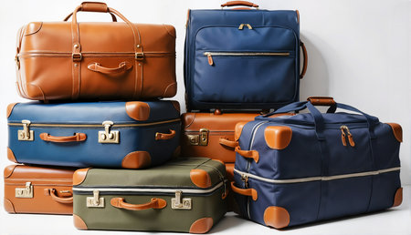 Assorted luggage bags stacked on a white background. generated by aiの素材
