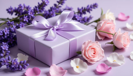 Elegantly wrapped purple gift box surrounded by flowers, celebration. generated by aiの素材