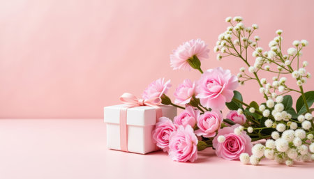 Elegant pink carnations and gift box on soft pink background, celebration. generated by aiの素材
