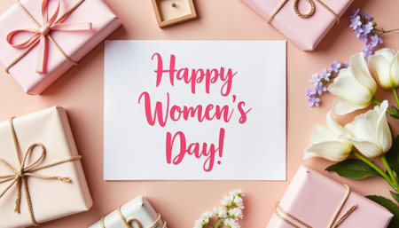 Feminine flat lay with gift packages and flowers, celebrating Women's Day. generated by aiの素材