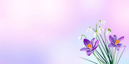 Purple crocus and white snowdrops on soft pastel background. generated by aiの写真素材