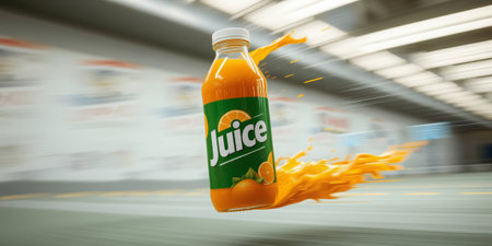 Juice bottle splashing orange liquid in motion. generated by aiの写真素材