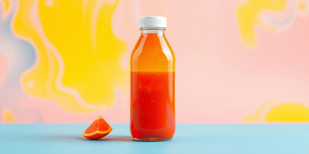 Orange juice bottle with a slice on a colorful background. generated by aiの写真素材