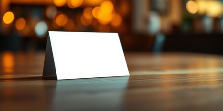 Blank tabletop sign on wooden table with blurred background. generated by aiの写真素材